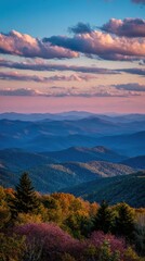 Mountain vista at sunset, vibrant colors