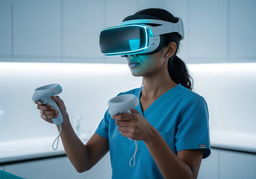 Medical student in scrubs using VR for surgical training