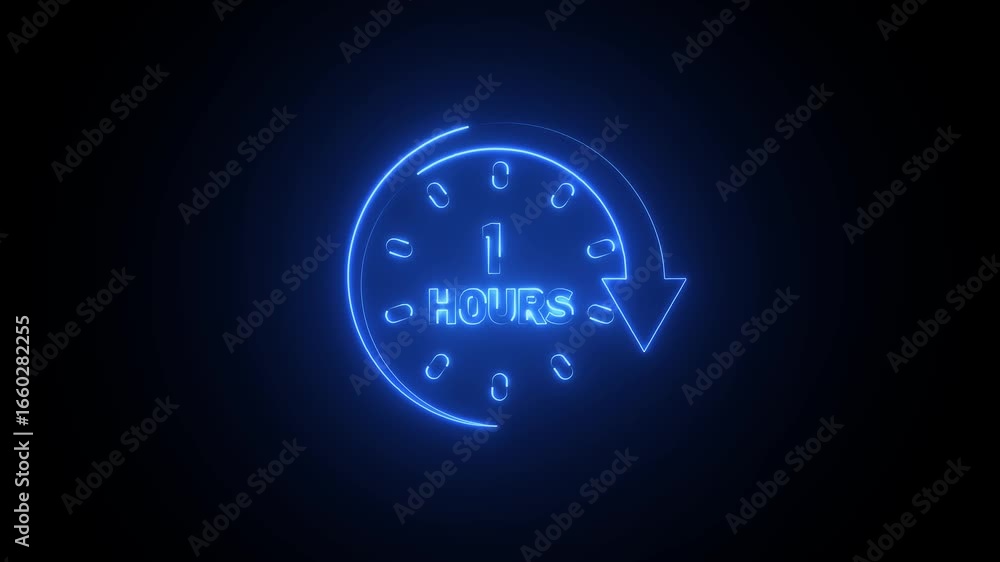 Poster glowing neon clock icon isolated ,stopwatch icon.1 minute time circle icon animation , neon 1 minute