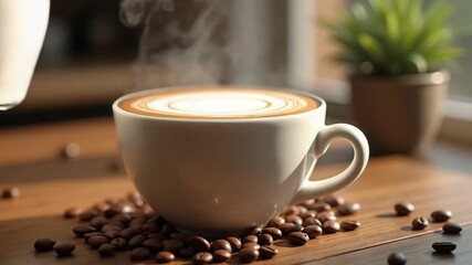 Steaming cup of coffee with milk being poured, creating a cozy and warm mood on a wooden table against a sunlit background - Powered by Adobe