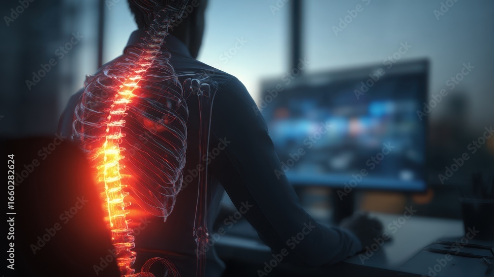 Poster medical visualization of an office worker experiencing lower back pain while sitting at a desk and w