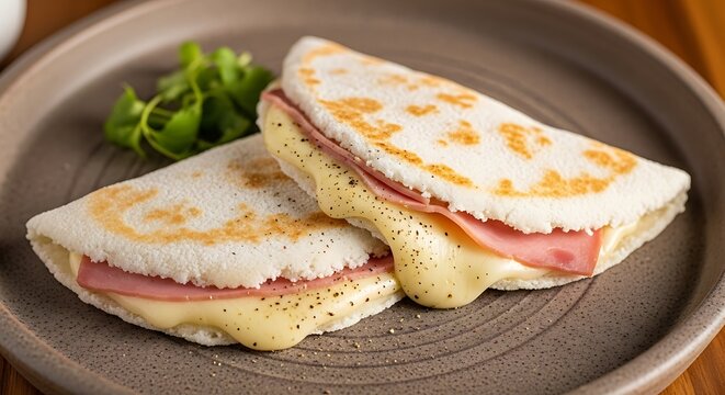 Two tapioca crepes filled with ham and cheese on a plate with a small green garnish beside them