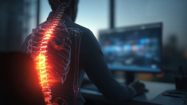 Medical visualization of an office worker experiencing lower back pain while sitting at a desk and working on a computer. Highlighting the importance of proper posture and ergonomics in the workplace