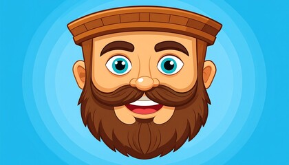 A cartoon depiction of a man with a large, brown beard, mustache, and a light-brown hat against a light-blue background.