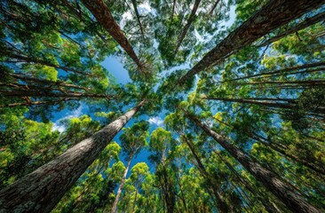 Looking up through a canopy of tall trees, with a view of blue sky and scattered clouds