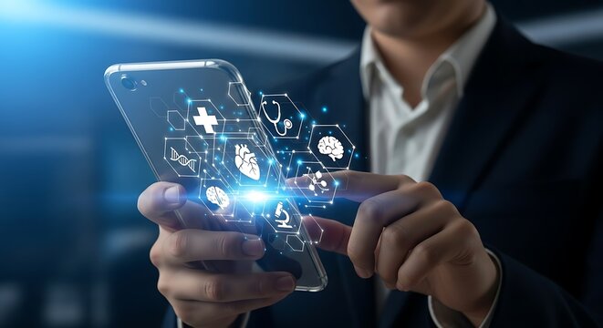 Businessman interacting with a smartphone and digital medical icons floating in the air