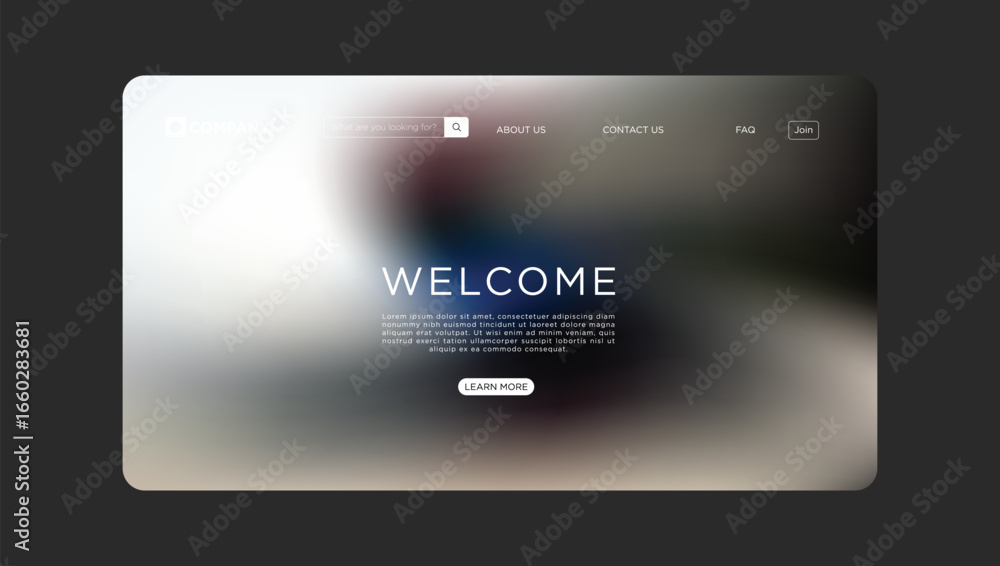 Aufkleber modern website landing page with welcome message and navigation bar, clean design