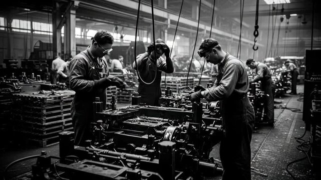 Wartime Factory Workers Assembling Military Equipment - A black and white video depicting a bustling wartime factory scene.