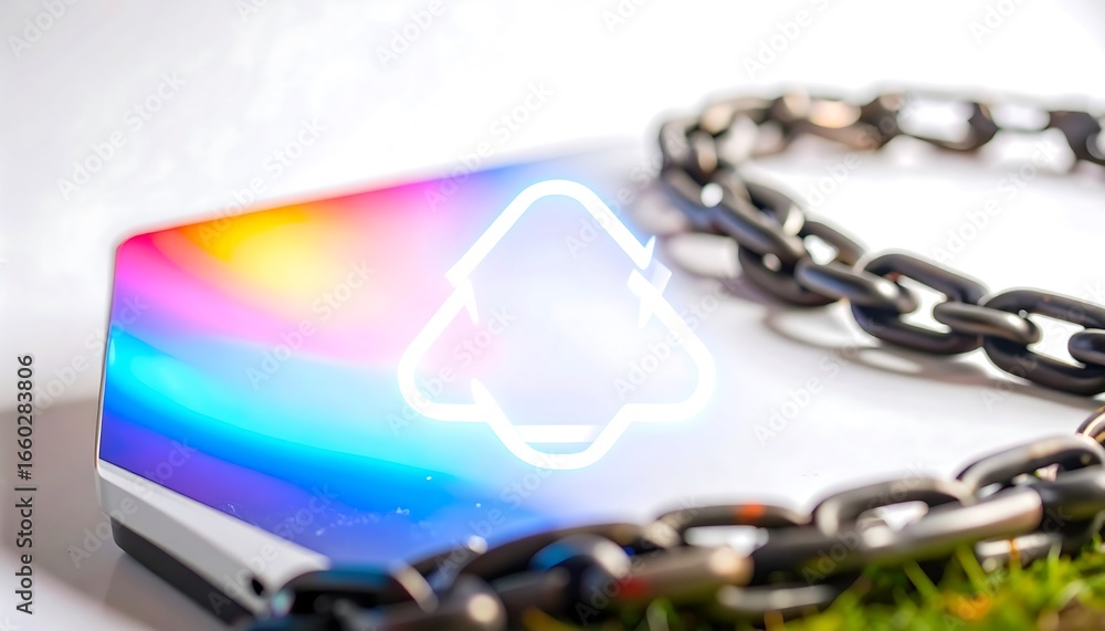 Poster a vibrant display of a recycle symbol is encased by a chain, symbolizing restricted access to sustai