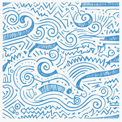 Fototapeta premium Blue squiggle doodle lines seamless banner design. Primitive geometric forms, brush strokes.