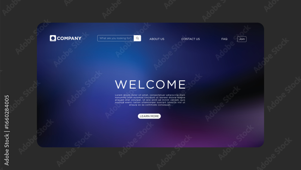 Poster modern digital landing page with navigation and welcome message, professional website design
