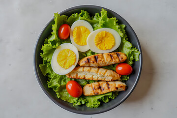 Healthy Grilled Chicken Salad with Eggs and Cherry Tomatoes