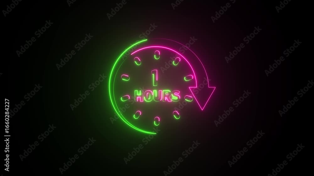 Poster glowing neon clock icon isolated ,stopwatch icon.1 minute time circle icon animation , neon 1 minute