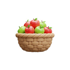 Three-dimensional fruit basket filled with red and green apples against a black background design