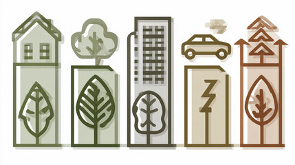 Stylized graphic of a green city landscape featuring buildings, a car, and trees, symbolizing urban ecology and sustainability.
