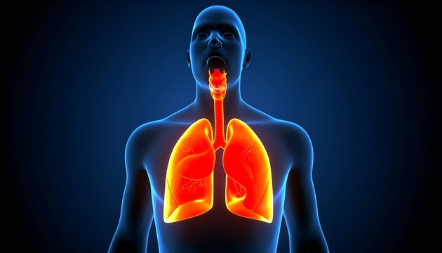 Detailed anatomical illustration of the human lungs and respiratory system, showcasing the vibrant colors and intricate structure of these essential organs.