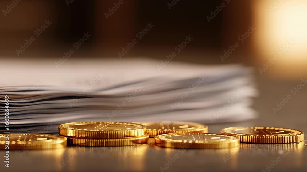 Poster 3d rendering of golden coins with papers and tax document in background
