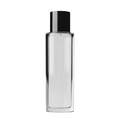 Sleek clear glass perfume bottle with black cap on transparent background