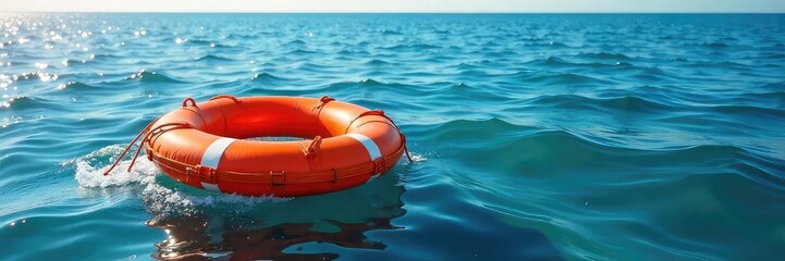 Calm Ocean Waves Cradle Life Raft, Rescue Package Nearby Safe & Reliable Shipping Concept
