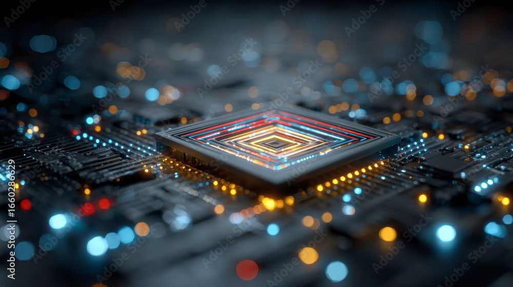 Poster close-up of an advanced quantum chip mounted on a circuit board, glowing with light, representing cu