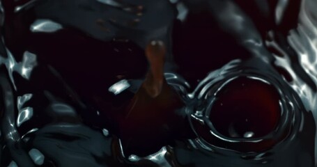 Coffee Splash Close Up With Droplet Falling Into Dark Liquid, Cola Splash Motion Macro, Refreshing Beverage Impact Creating Ripple And Crown Shape, Energy Drink Concept With Dynamic Water Movement