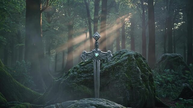 Epic fantasy scene with a sword in a forest, captured from a low angle. Sunlight filters through trees, creating a mystical video game atmosphere.