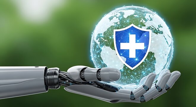 Robotic hand holding globe with medical cross shield in protective gesture of care