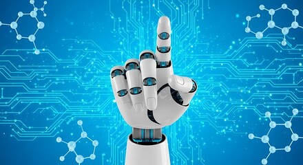 Robot hand pointing up with circuit board background and molecular structures