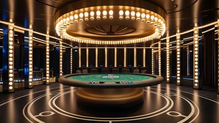 Luxurious casino interior with glowing circular chandelier lights above modern green poker table surrounded by elegant seating arrangement