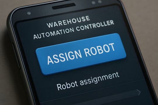Smartphone screen displaying a warehouse automation controller interface, focusing on robot assignment.  - Powered by Adobe