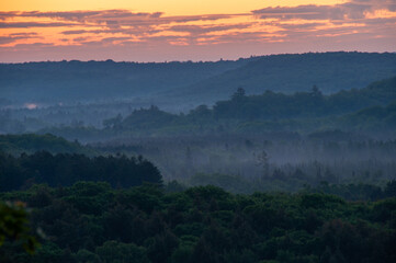 A colourful twilight over a rural foggy forest with rolling hills during the summer.