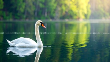 A serene swan glides gracefully across a tranquil lake, its reflection mirroring the verdant forest backdrop.