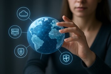 A woman holding the digital world, symbolizing global connectivity. 