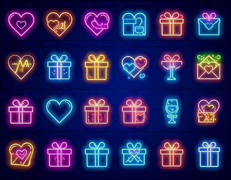Neon graphic icons of hearts and gifts on a dark background