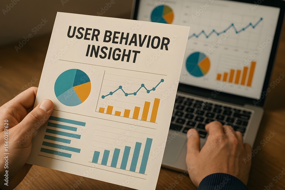Aufkleber analyzing user behavior with charts on a laptop.