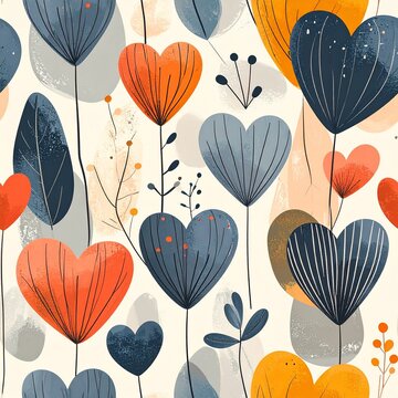 Motif sans couture avec coeurs, fleurs, v&eacute;g&eacute;taux, dans les tons oranges et bleus, sur fond blanc cass&eacute;. Reference Image