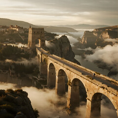 an ancient, impossibly long stone bridge stretching over a massive chasm