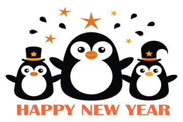 Fototapeta premium Happy New Year Cute Cartoon Vector of Penguin Family with Party Hats and Fireworks Celebration on White Background.