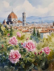 ピンクのバラとフィレンツェのドゥオーモの風景 水彩画 屋外 建築と都市の景色