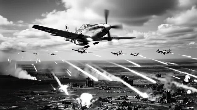 WWII Fighter Squadron Strafing Run - A black and white aerial shot depicts a squadron of P-51 Mustang fighter planes during World War II, unleashing a barrage of rockets and strafing enemy ground