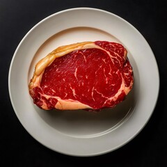 白い皿に盛られた赤身の肉ステーキのクローズアップ写真 黒背景 上からの眺め