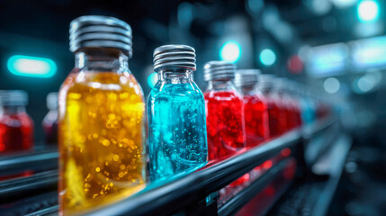 Conveyor line with glass bottles filled with colorful liquids, ready for packaging in a production plant