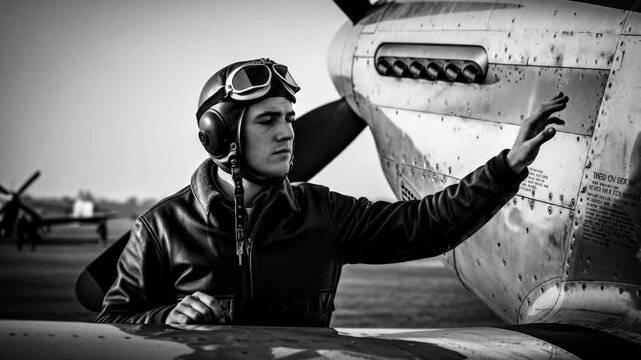 WWII Pilot Pre-Flight Check - A black and white video of a World War II pilot in leather jacket and goggles standing beside his aircraft, preparing for a mission.