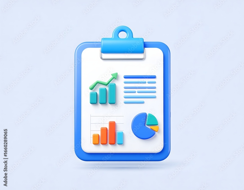 Poster colorful 3d chart and graph elements on clipboard for visual data analysis projects