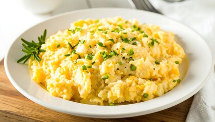 A delicious dish of scrambled eggs, garnished with fresh herbs and spices, displayed on a white plate.