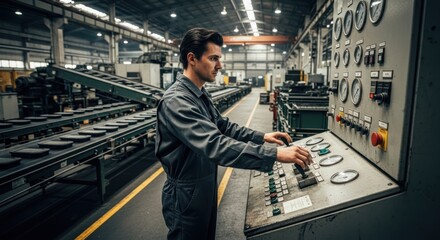 A young man in a grey uniform operating a control panel in a factory.