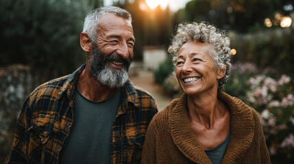 Elderly couple smiling joyfully together outdoors, evoking a warm, affectionate atmosphere in a serene, natural garden setting.