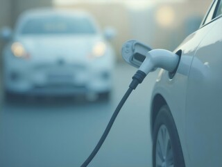 電気自動車が充電ステーションで充電中 白い車と充電ケーブルのクローズアップ