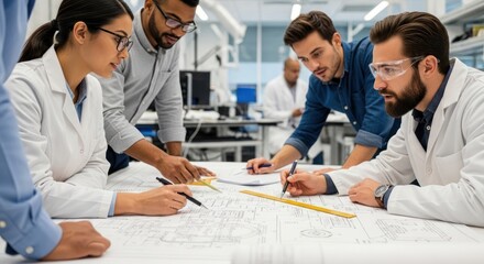 Engineers working on a blueprint in a laboratory.