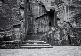 Ancient stone stairs lead to a cave dwelling in a rocky mountain